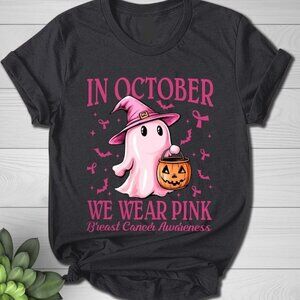 In October We Wear Pink Ghosts Tshirt, Breast Cancer Awareness Halloween Shirt